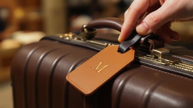 A person's hand attaches a personalized luggage tag to a luxurious brown suitcase, symbolizing travel and adventure, with meticulous details and craftsmanship.