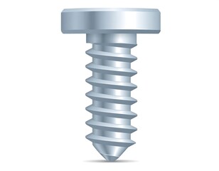 A close-up, computer-generated illustration of a silver metal screw with a rounded head and spiraling threads. It's against a white background