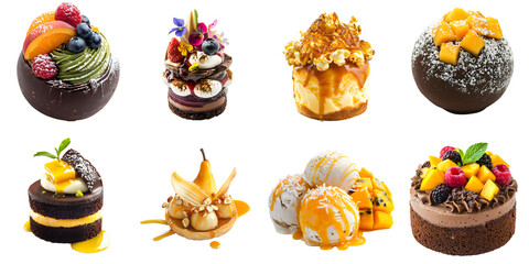 Set of various delicious sweet desserts isolated on a transparent background PNG