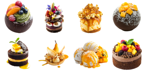 Set of various delicious sweet desserts isolated on a transparent background PNG