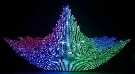 A mesmerizing light sculpture creating a vibrant, undulating landscape of color against a dark background, resembling a digital mountain or wave.