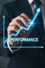 performance progress and growth in business chart on digital screen with businessman hand drawing arrow