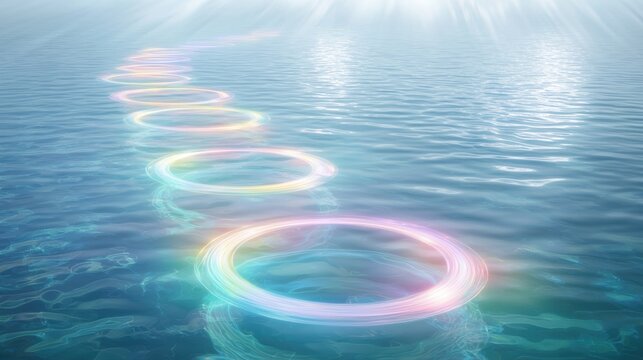 Diffraction light rings interference patterns floating above water surface with iridescent rainbow colors and translucent optical effects creating luminous circles