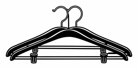 Illustration of two black clothes hangers with clips for hanging pants and skirts in a closet space
