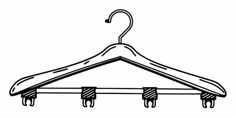 Illustration of a wooden clothes hanger with four clips and a metal hook on a white background