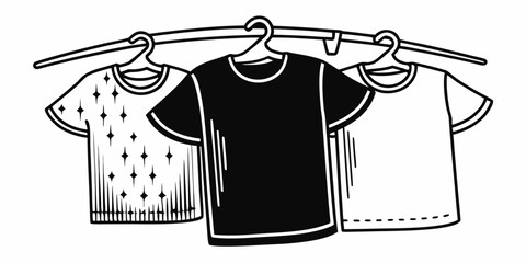 Three t shirts hanging on a clothes rack with different designs and colors in a line illustration style