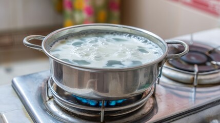 On a stove in a bustling Indian kitchen, a pot of milk boils vigorously. The white liquid froths and spills, creating a lively scene full of warmth and energy