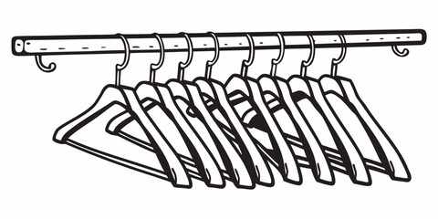 Illustration of a closet rod with several hangers hanging from it in a black and white drawing style