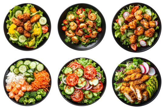 Set of various delicious summer salads isolated on a transparent background PNG