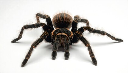 A close-up, centered view of a large, hairy arachnid with dark brown body and legs, set against a clean white background