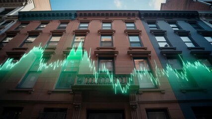 A striking shot captures the intricate facades of urban buildings overlaid with an dynamic green data visual. The building and visual create a symphony of concrete and data. - Powered by Adobe