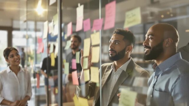 Team members collaborating around a transparent display with vibrant sticky notes, analyzing data, and brainstorming ideas for project strategy. 