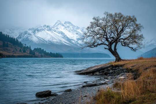 Lone tree stands on the shore of Lake Wakatipu in New Zealand with snow-capped mountains in the background during a cloudy day - Powered by Adobe