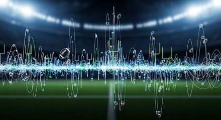 Abstract sound wave visualization with football and goalposts over a brightly lit stadium at night.