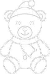 Outline teddy bear vector, christmas hat scarf line art icon