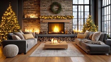 Fototapeta premium Cozy christmas living room with fireplace and festive decor