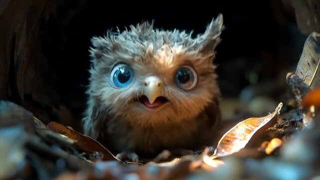 Wideeyed owlet peeks from leafy nest