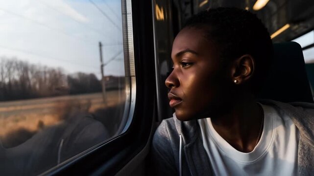 A thoughtful individual gazes out the train window, captivated by the world unfolding beyond the glass. This evocative image speaks of journey, contemplation.