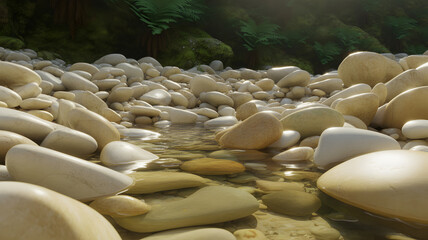Serene Riverbed with Smooth Stones and Clear Water Reflecting Sunlight in a Lush Forest Environment