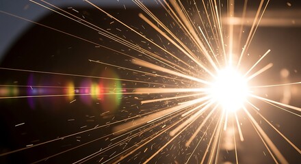 A bright, intense light source emits numerous sparks and rays, creating a dynamic visual effect with lens flare.