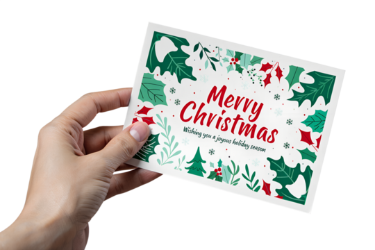 Hand holding festive 'merry christmas' greeting card, showcasing the holiday message for seasonal marketing, invitations, warm wishes