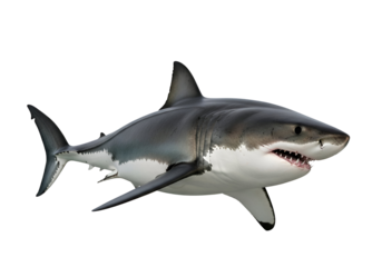 A powerful great white shark is featured against a stark black background, showcasing its formidable form and sharp teeth.