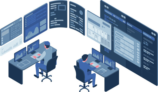 Isometric illustration of cybersecurity operations center with professionals monitoring multiple screens, data analytics, digital security, and system protection technology