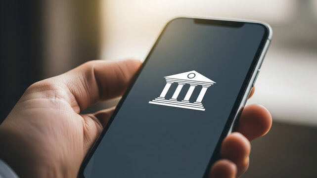 hand holding smartphone with generic bank building icon on screen representing mobile banking or fintech