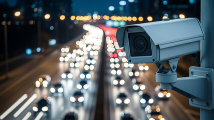 cctv surveillance camera monitoring traffic on busy city highway at night