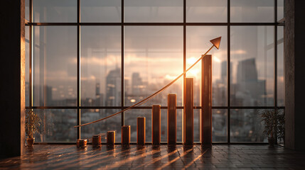 Fototapeta premium A graph demonstrating business growth, with the sun rising behind a cityscape and shining through a window