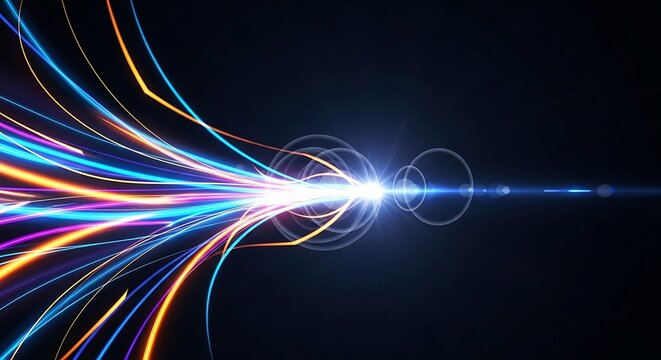 Vibrant colorful light trails emanating from a bright central source on a dark background, depicting abstract data flow or energy.