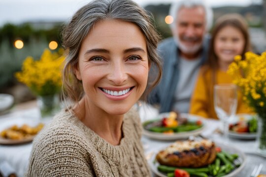 Woman smiling during family outdoor dinner celebration