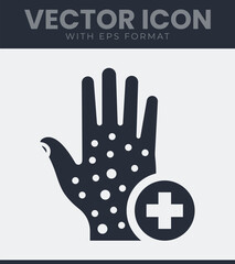 Dermatology treatment and care icon featuring a hand with skin spots and a medical cross symbol for health