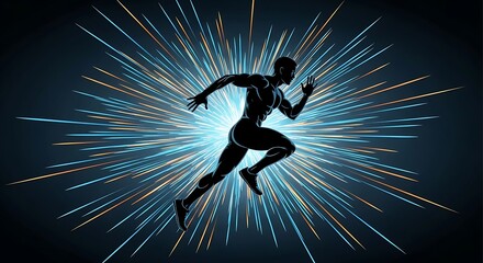 A dynamic silhouette of a muscular runner sprinting with an energetic burst of blue and orange light rays radiating outwards on a dark background.
