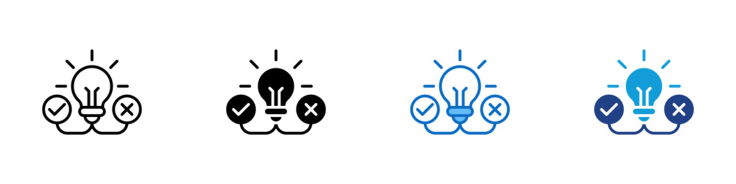 Hypothesis Multiple Style Icon Design Vector - light bulb with check and cross symbols representing decision, hypothesis testing, and analytical thinking