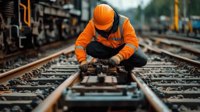 Maintaining the Rails: A railway worker in an orange safety uniform meticulously inspects and maintains the tracks. A testament to the dedication, precision, and vital role of railway maintenance