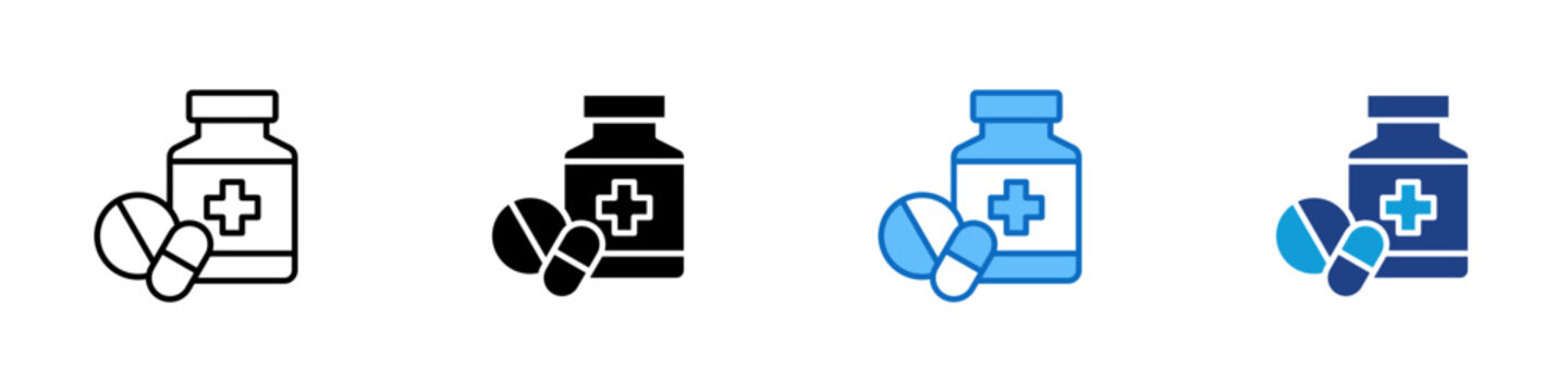 Medicine Multiple Style Icon Design Vector - bottle with pills symbolizing healthcare, medication, and pharmaceutical treatment