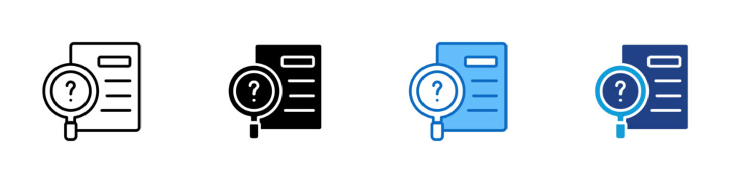 Case Study Multiple Style Icon Design Vector - document with a magnifying glass and question mark representing investigation, research, and analysis
