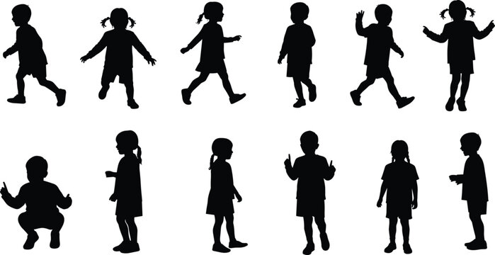 Child silhouette collection, girl in various poses vector illustration, black silhouette set, dynamic posture design, playful children art, motion study concept