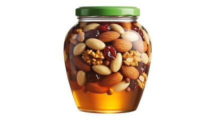 Honey jar with mixed nuts and dried fruits for healthy eating