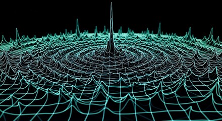 Abstract 3D rendering of a central peak generating concentric teal ripples on a dark grid surface, depicting a wave or field.