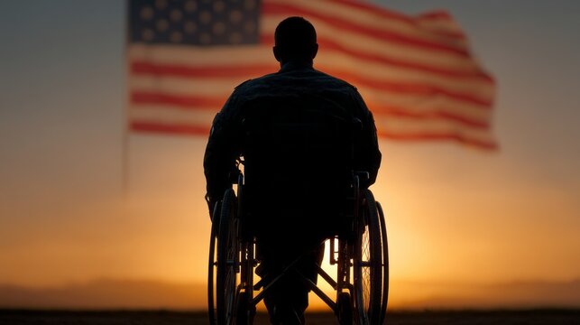 Facing a vibrant sunset, a military veteran in a wheelchair reflects on bravery and sacrifices. The flag waves proudly in the background, embodying freedom and honor