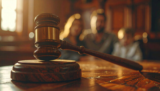 Wooden judge gavel on table, blurred family in courtroom. Child custody, law and justice.
