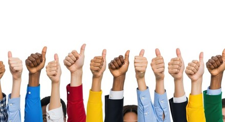 Many diverse hands giving thumbs up gesture, symbolizing approval, agreement, and positive feedback in a clear white background