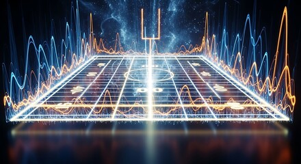 Futuristic glowing American football field with digital data waves and light effects, representing sports analytics and technology.