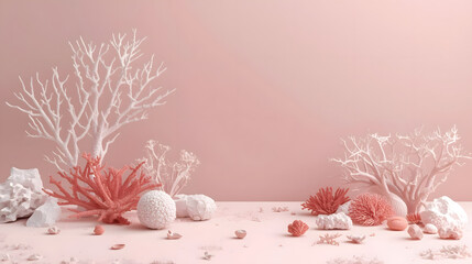 Monochromatic Coral Reef Scene in Pastel Pink and White, Featuring Coral, Rocks, and Branching Structures for Backgrounds and Creative Projects