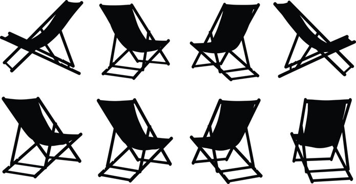 Deck chair silhouette collection, folding beach furniture vector illustration, summer leisure design, patio chair set, black silhouette art, outdoor relaxation concept - Powered by Adobe