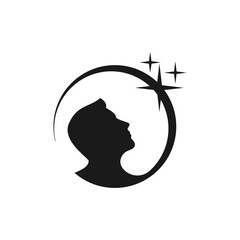 Dreaming Silhouette Head with Stars Logo.
A minimalist black profile of a human head gazing upward, surrounded by a crescent and sparkling stars, symbolizing dreams and cosmic inspiration.