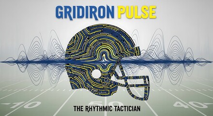 Gridiron Pulse graphic featuring a stylized football helmet with a circuit board pattern, set against a football field with rhythmic sound waves and text "The Rhythmic Tactician".