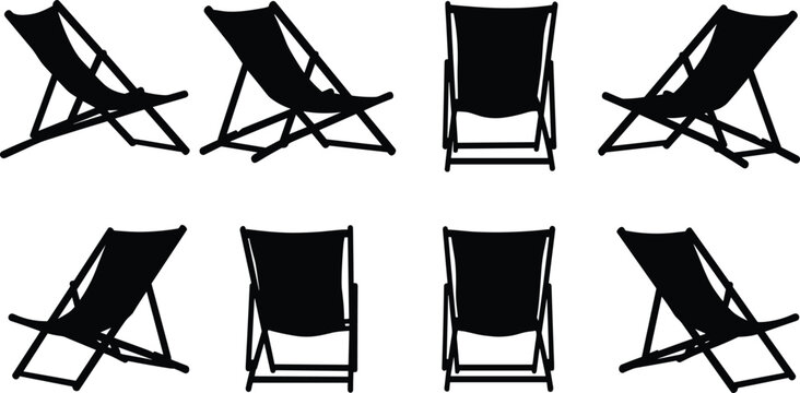 Folding beach chair silhouettes in multiple angles vector illustration for summer vacation, tourism, leisure, holiday travel lifestyle, outdoor furniture design inspiration content